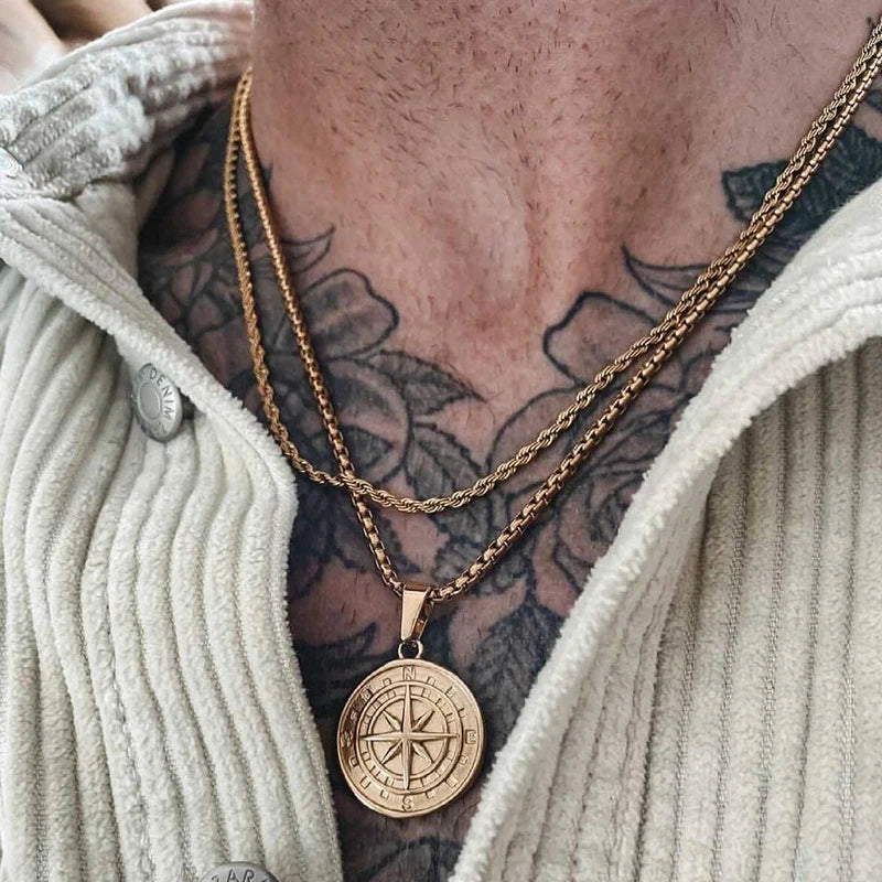 Compass Anchor Medal Pendant — Gold