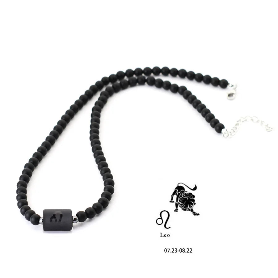Fashion 12 Constellations Beaded Necklace Men Natural Black Onyx Stone Beads 48cm Short Collar Jewelry Leisure Party Homme Joias