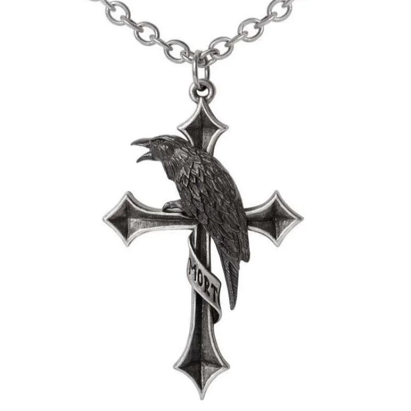 Gothic Crow Cross 925 Silver Pendant Necklace