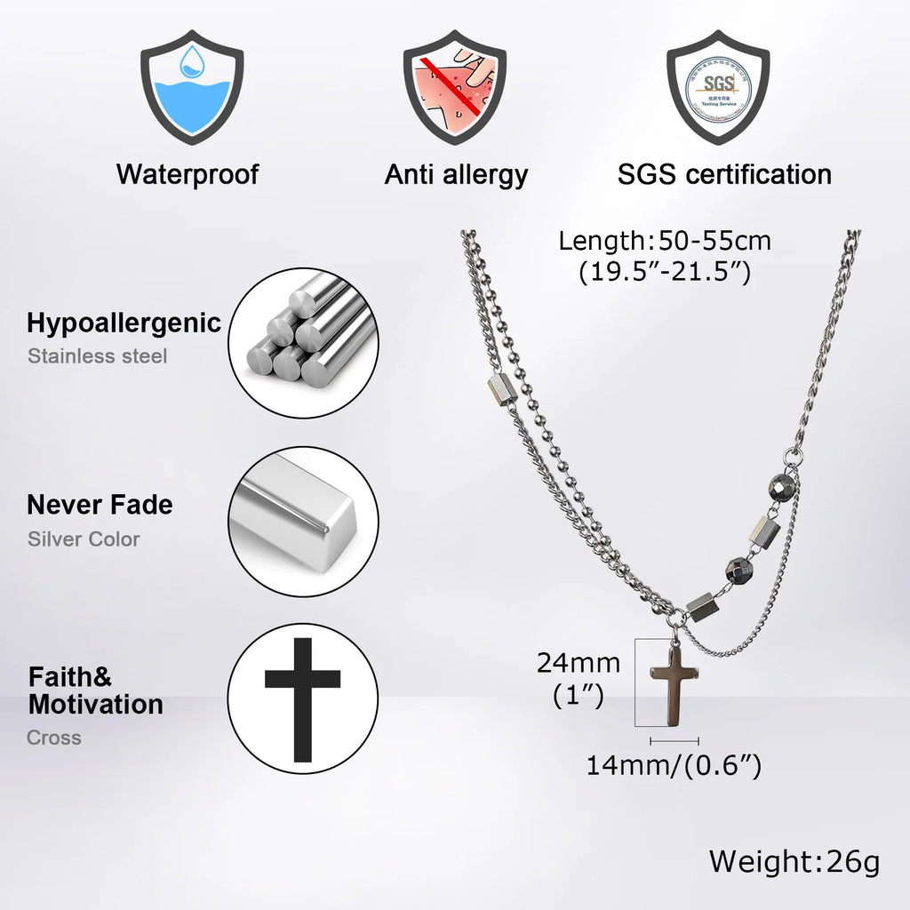 Cross Beads Chain Pendant Necklace — Stainless Steel