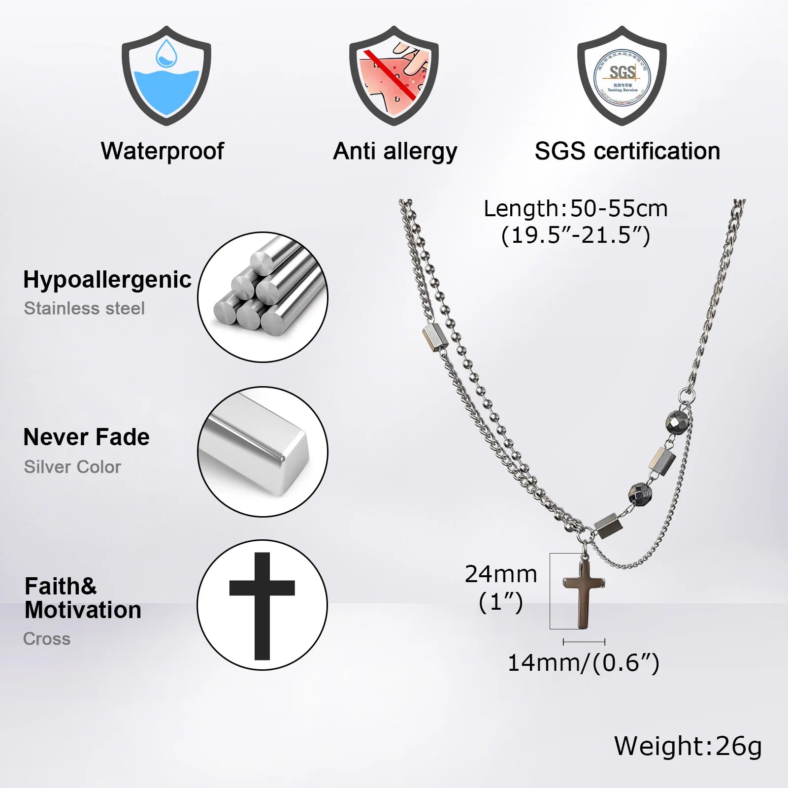 Cross Beads Chain Pendant Necklace — Stainless Steel