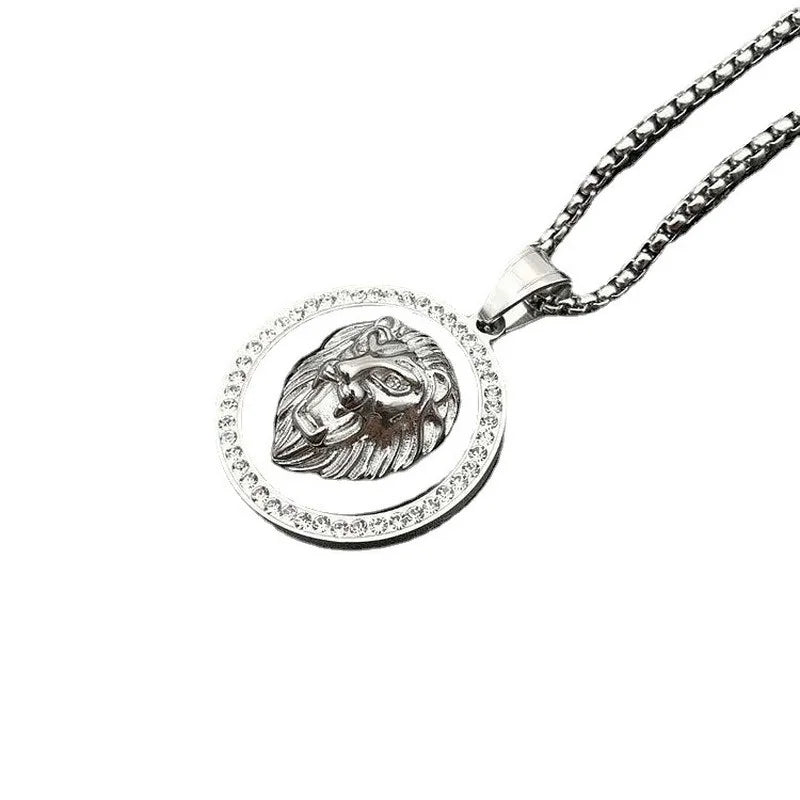 Men's Fashion Titanium Steel Gold Plated Rhinestones Lion Head Animal Pendant Necklace Hiphop Punk Personality Jewelry