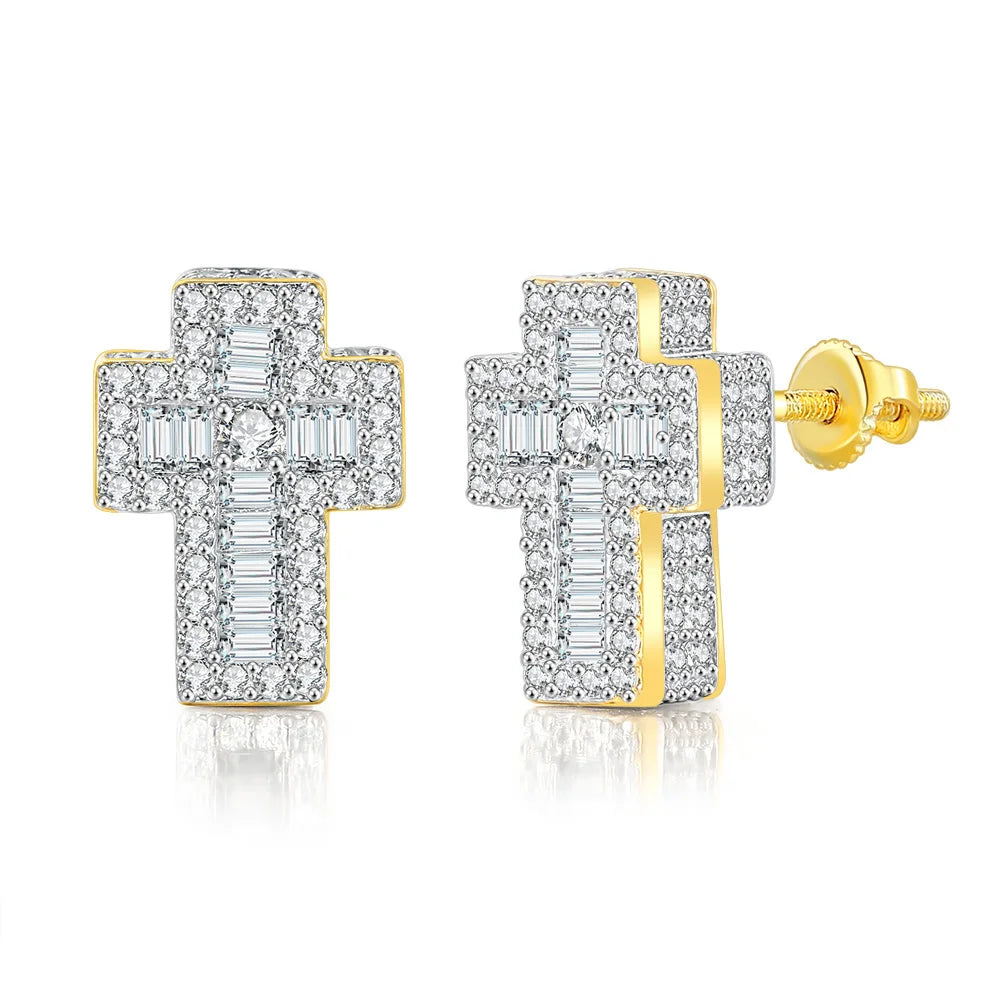 Iced Out Cross Stud Earrings — Gold