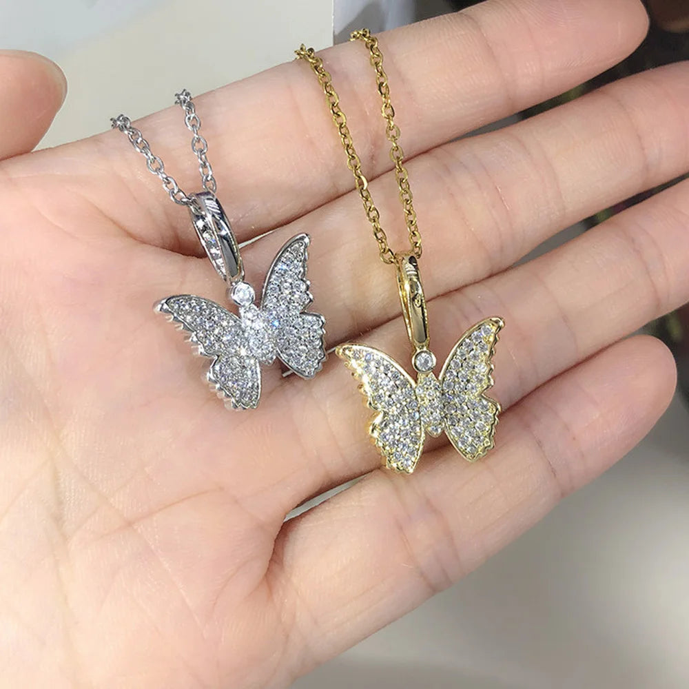 Iced Out Butterfly Pendant Necklace Stainless Steel