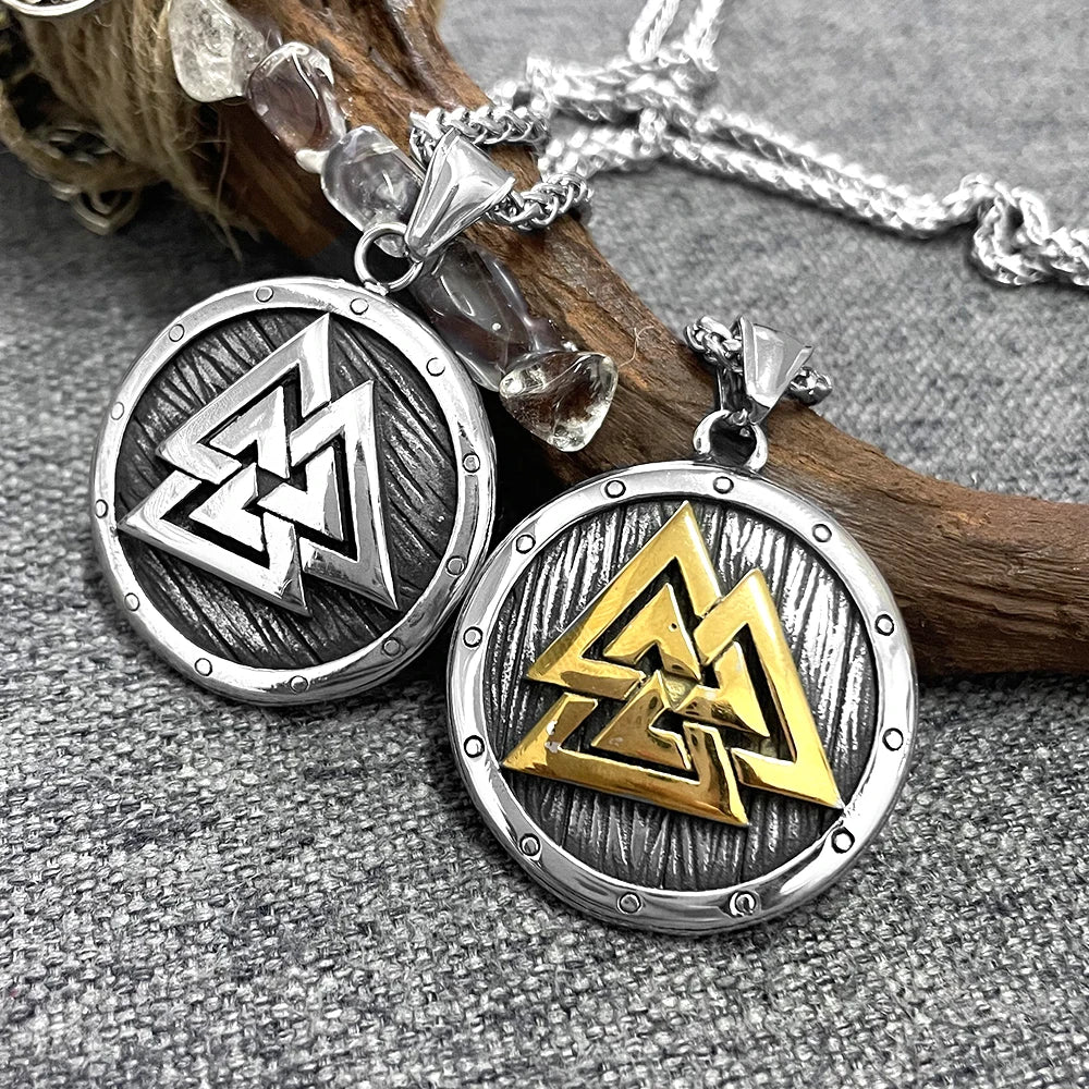 Norse Mythology Valknut Vikings Shield Necklaces Men's Vintage Nordic Runes Amulet Pendant Stainless Steel Scandinavian Jewelry