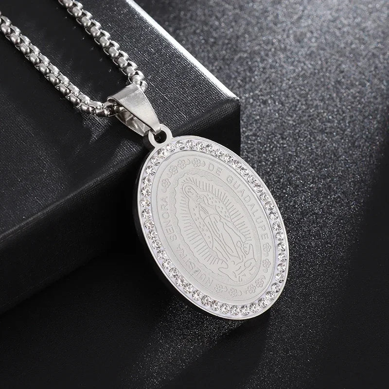 Virgin Mary Medal Iced Pendant Necklace