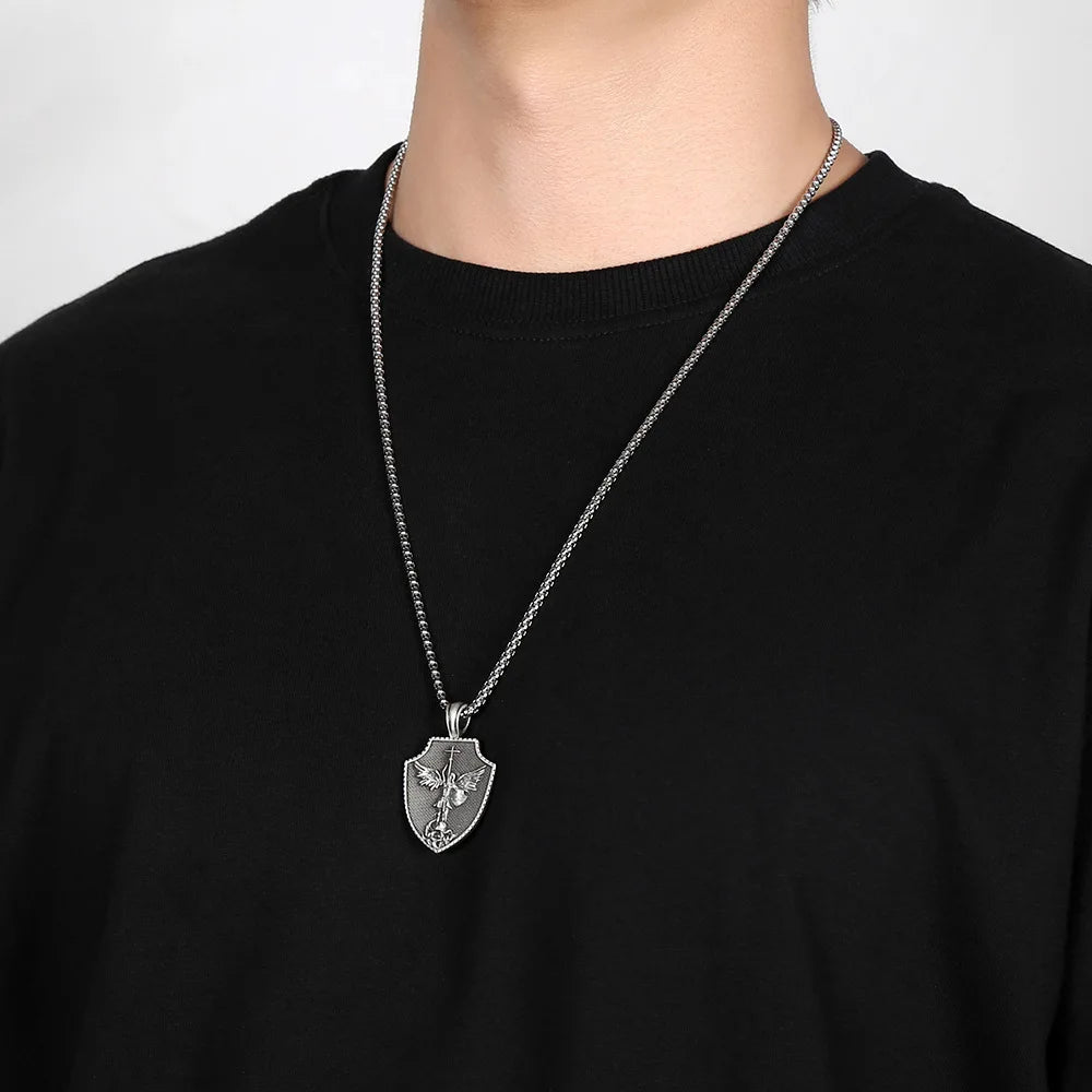 Stainless Steel Jesus Cross Charm Viking Necklace Men's Shield Dragon Slayer Amulet Pendant Saint Nicholas Juvenile