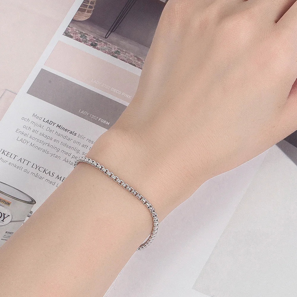 925 Sterling Silver Bracelet Men Women Teens Girls 3MM Square Round Box Chain 6.3"-" 9" inch Bangle Unisex Jewelry Gift