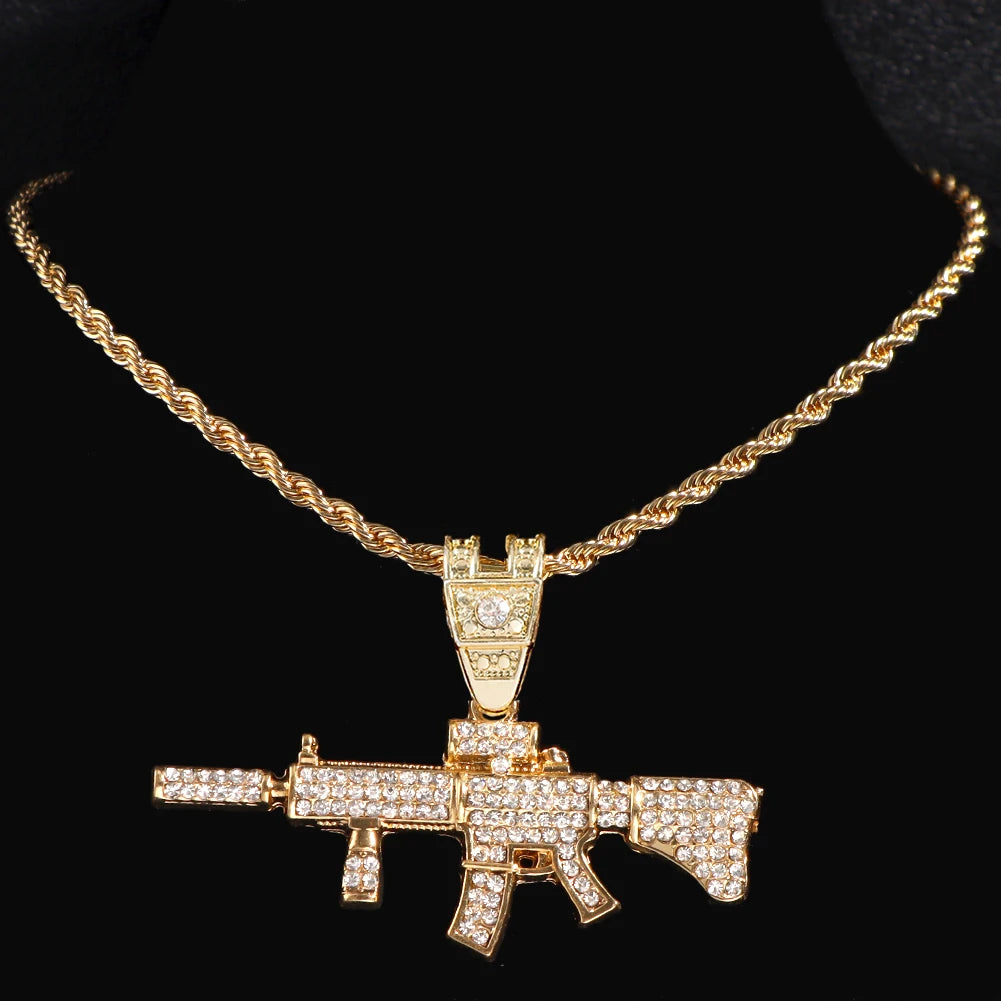 Men Women 14MM Cuban Chain AK47 Gun Pendant Necklace Iced Out AAA Rhinestone Prong Miami Cuban Link Chain Hip Hop