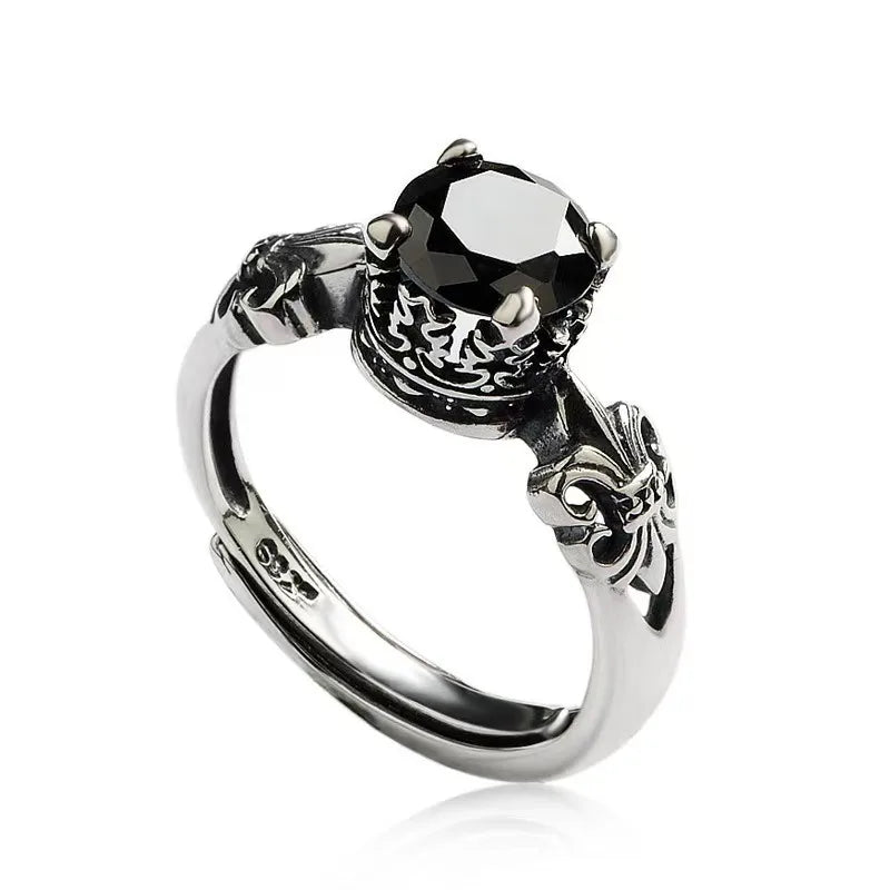 Black agate open ring for men and women, fashionable and trendy, retro style ring ring