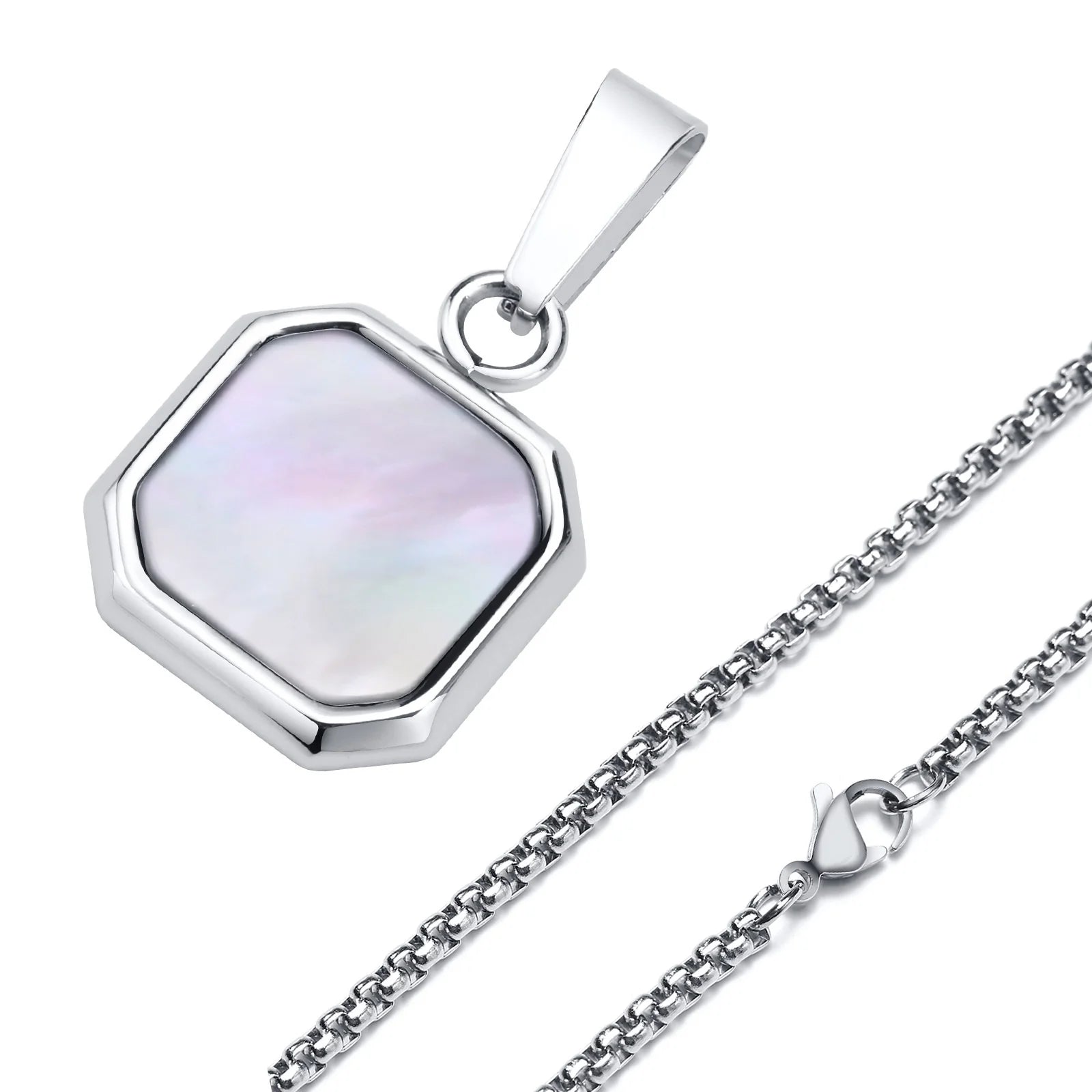 Shell Stone Box Chain Pendant — Stainless