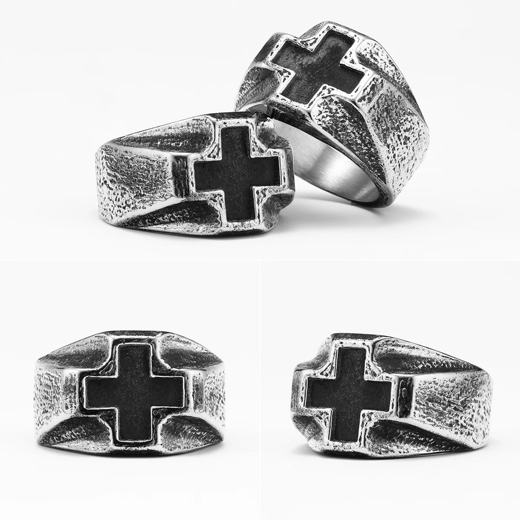 Vintage Black Cross Amulet Ring for Men — Stainless Steel