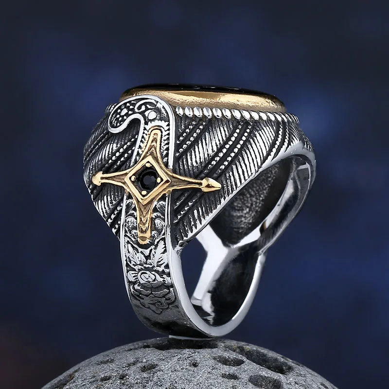 New Design 316L Stainless Steel Tone Saudi Star Ring With Black Stone Mysterious Exaggerated Men Ring Jewelry For Boyfriend Gift
