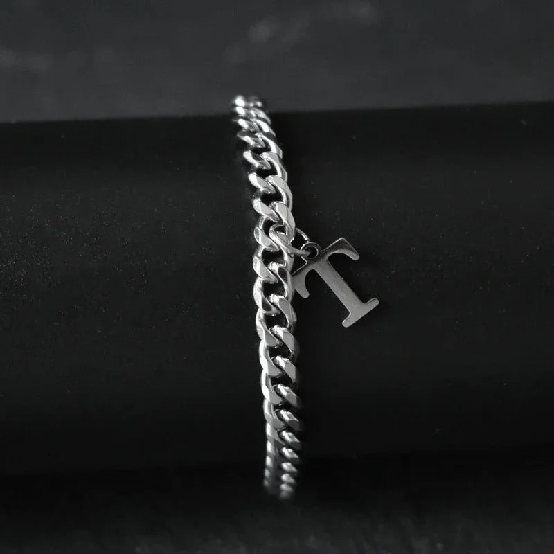 A-Z Initial Letter Cuban Chain Bracelet — Stainless Steel