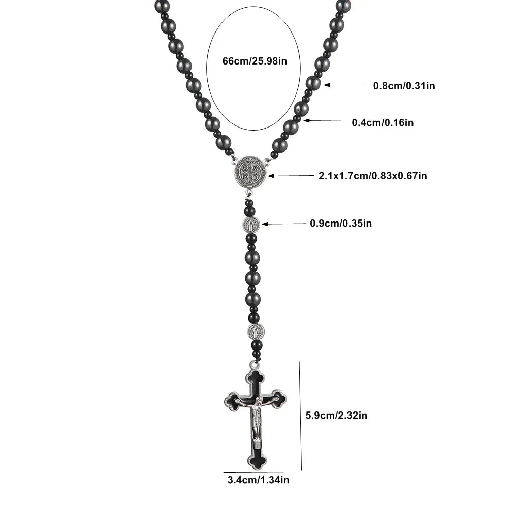 Fashion Classic Black Hematite Round Beads St. Benedict Cross Pendant Necklace for Men and Women