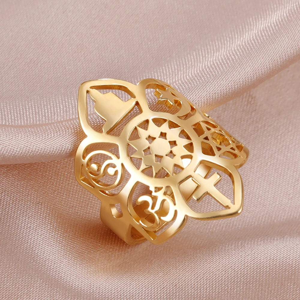Dawapara Pentagram Adjustable Ring for Men Women Triquetra Cross Star OM Symbol Religious Gift Stainless Steel Jewelry