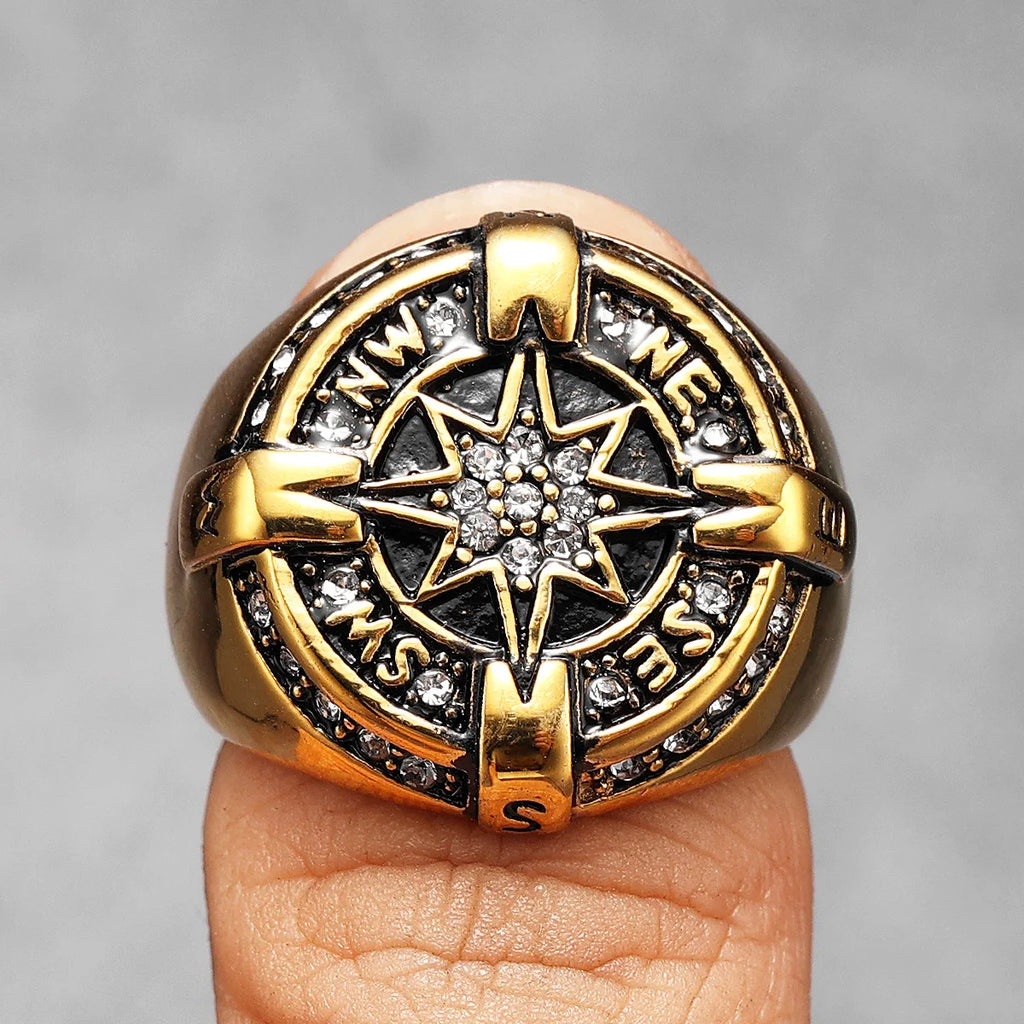 Iced Out Compass Ring — Stainless Steel