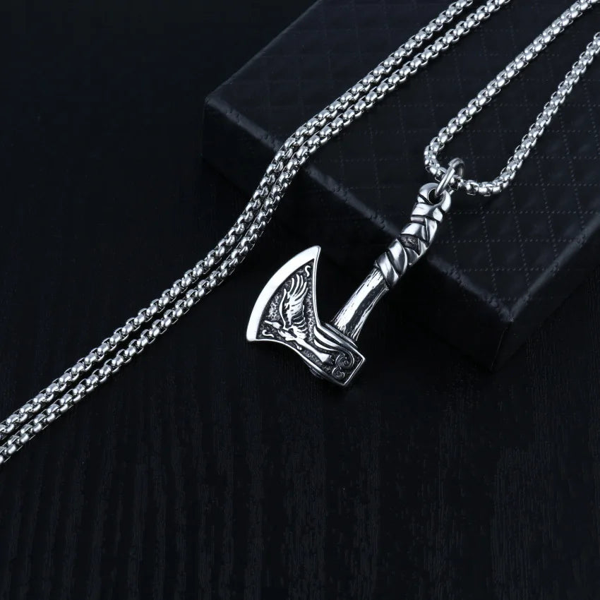 Silver Viking Axe Wolf Pendant Necklace
