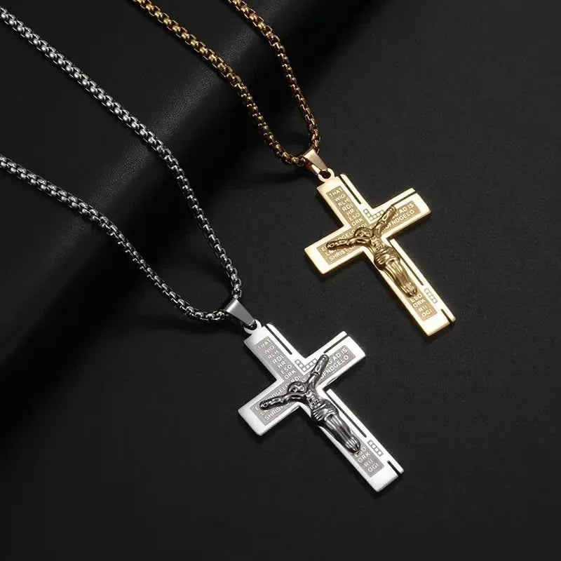 Jesus Christ Cross Mens Necklace Gold Color Cross Religious Pendant Necklace Accessory Chain Accessories