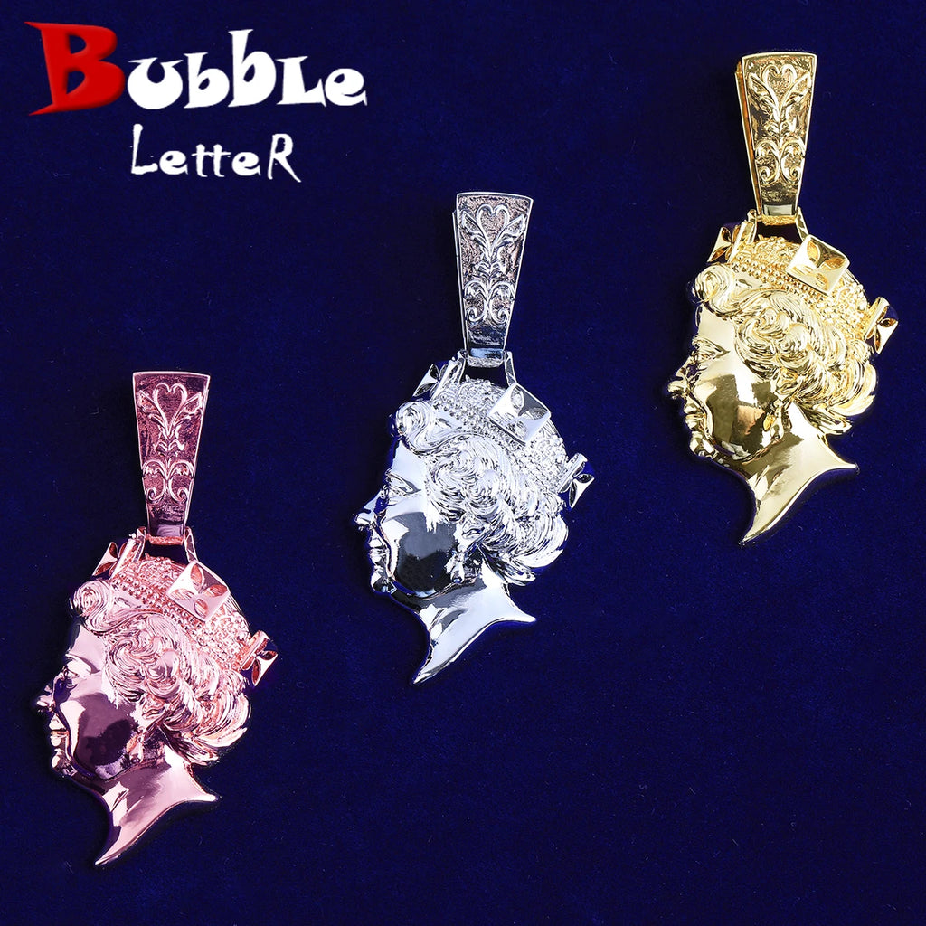Bubble Letter Iced Out United kingdom Queen Head Necklace Pendant  for Men Real Gold Plated 5A Cubic Zirconia Hip Hop Jewelry