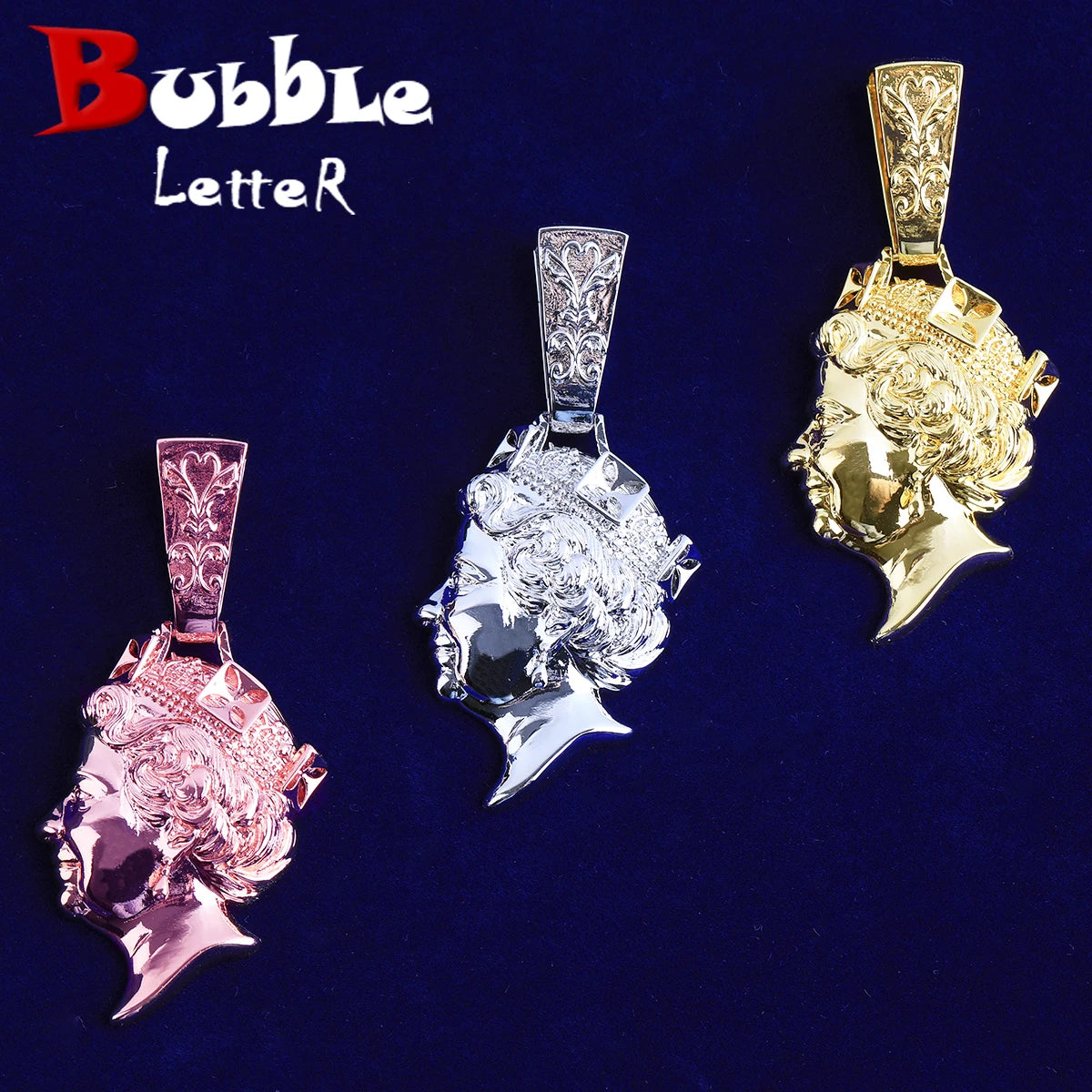 Bubble Letter Iced Out United kingdom Queen Head Necklace Pendant  for Men Real Gold Plated 5A Cubic Zirconia Hip Hop Jewelry