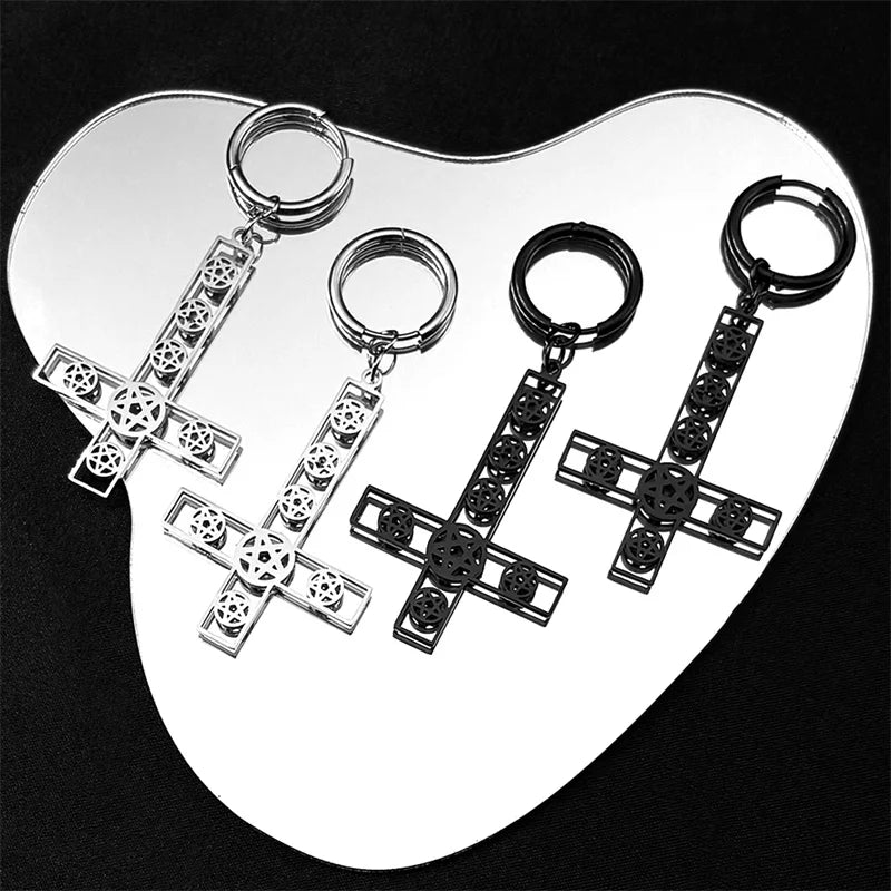 Cross Jesus Steel Earrings Inverted Occult Pentagram