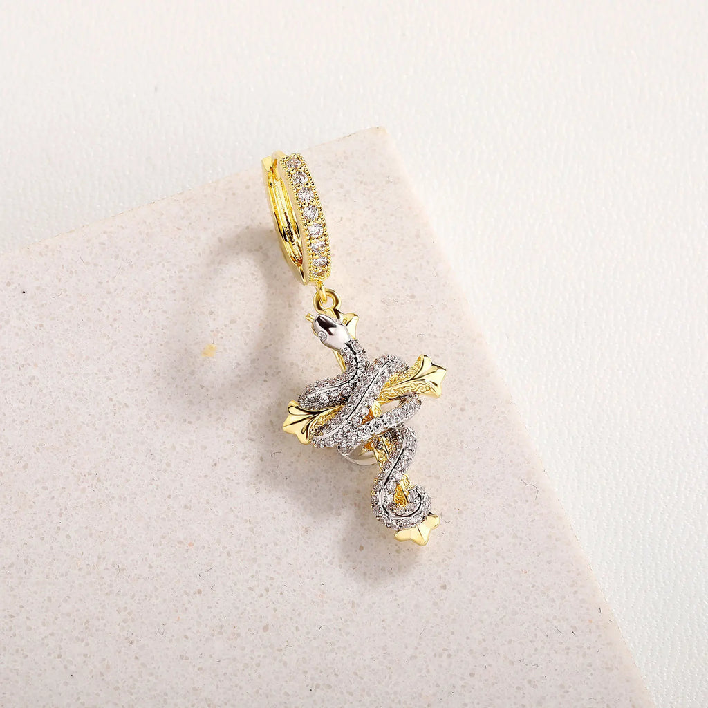 Iced Out Cross Snake Dangle Hoop Earrings
