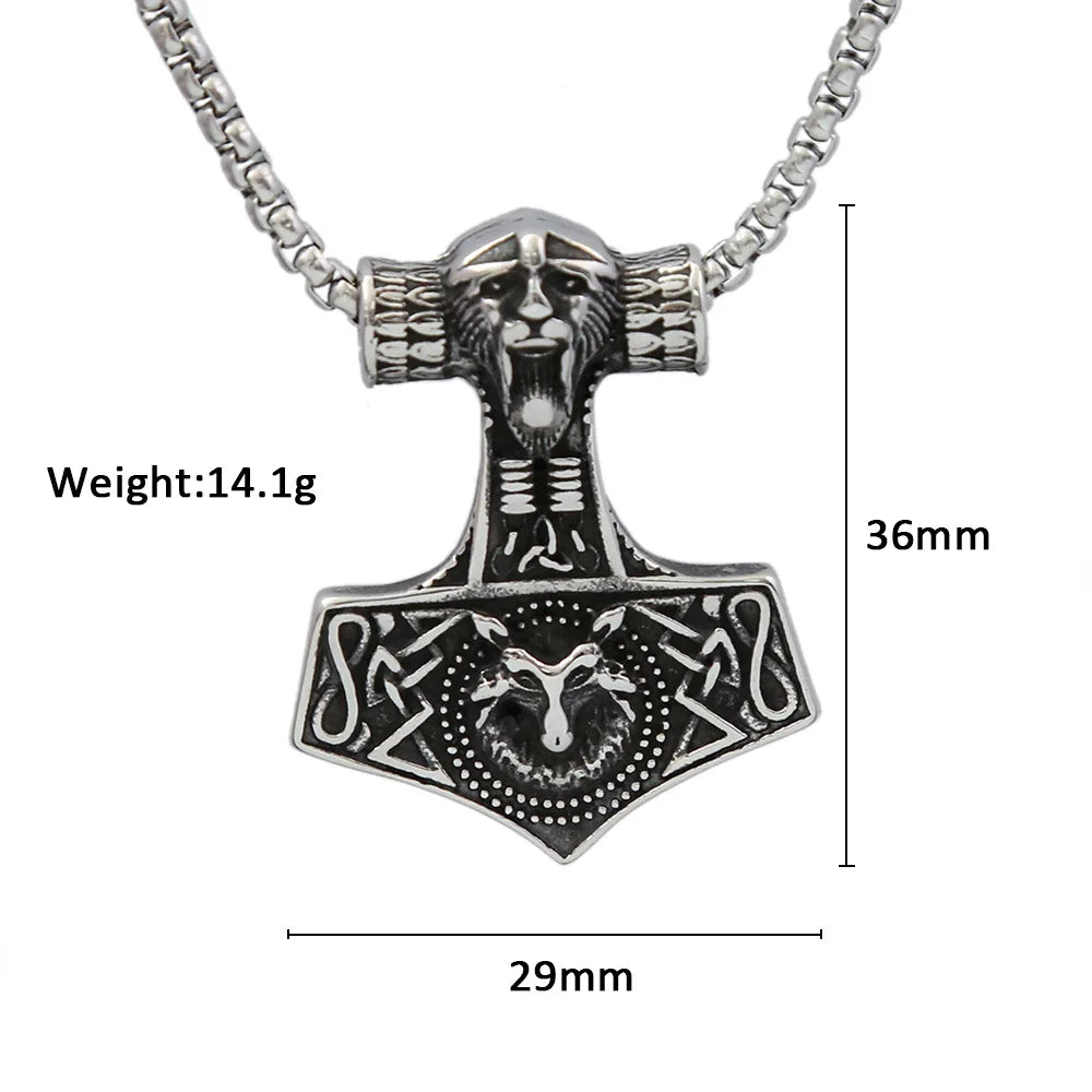 Stainless Steel Vintage Viking Thor's Hammer Wolf Pendant Necklace Norse Punk Amulet Jewelry Men Gift
