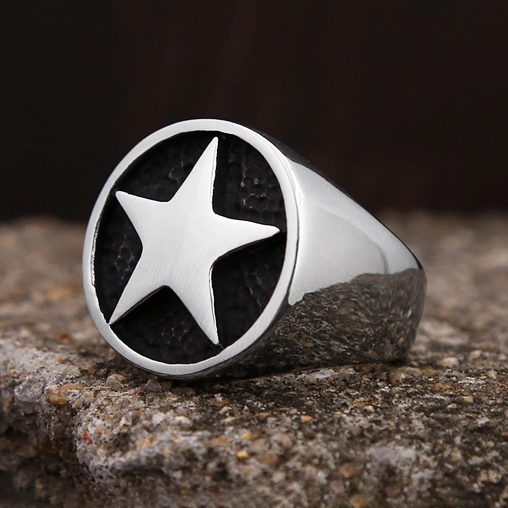 Star Signet Steel Ring Pentagon Biker Good