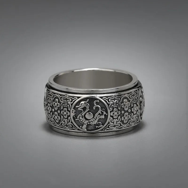 Classic Style Rotatable/Four Great Divine Beast Domineering 925 Silver Mens Rings Vintage Wide Ring Exquisite Charm