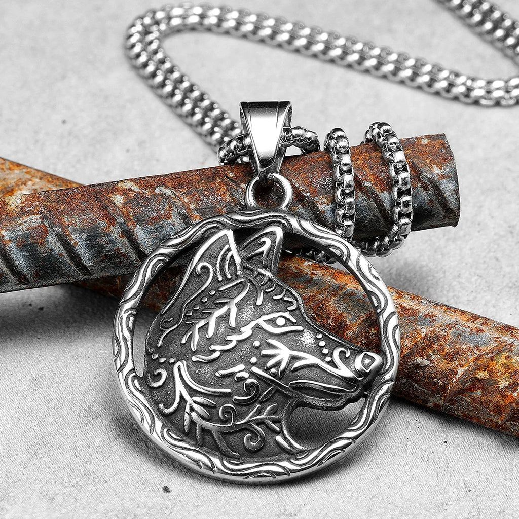 Wolf Head Carving Pendant Necklace Stainless Steel