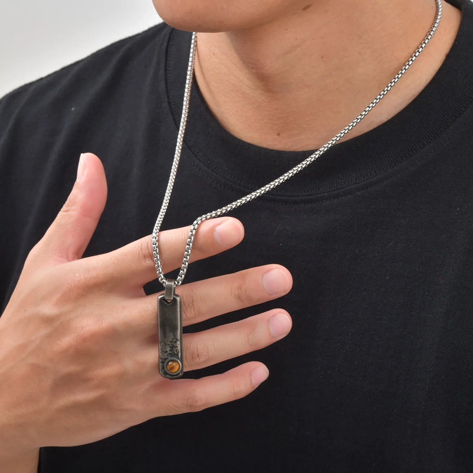 Vintage Men's Natural Stone Rectangle Pendant Necklace,Grey Stainless Steel Thin Bar Necklace,Birthday Party Jewelry