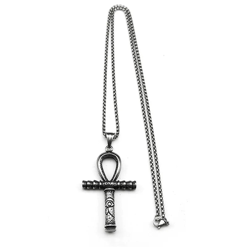 Eye of Ra Ankh Cross Silver Pendant Necklace