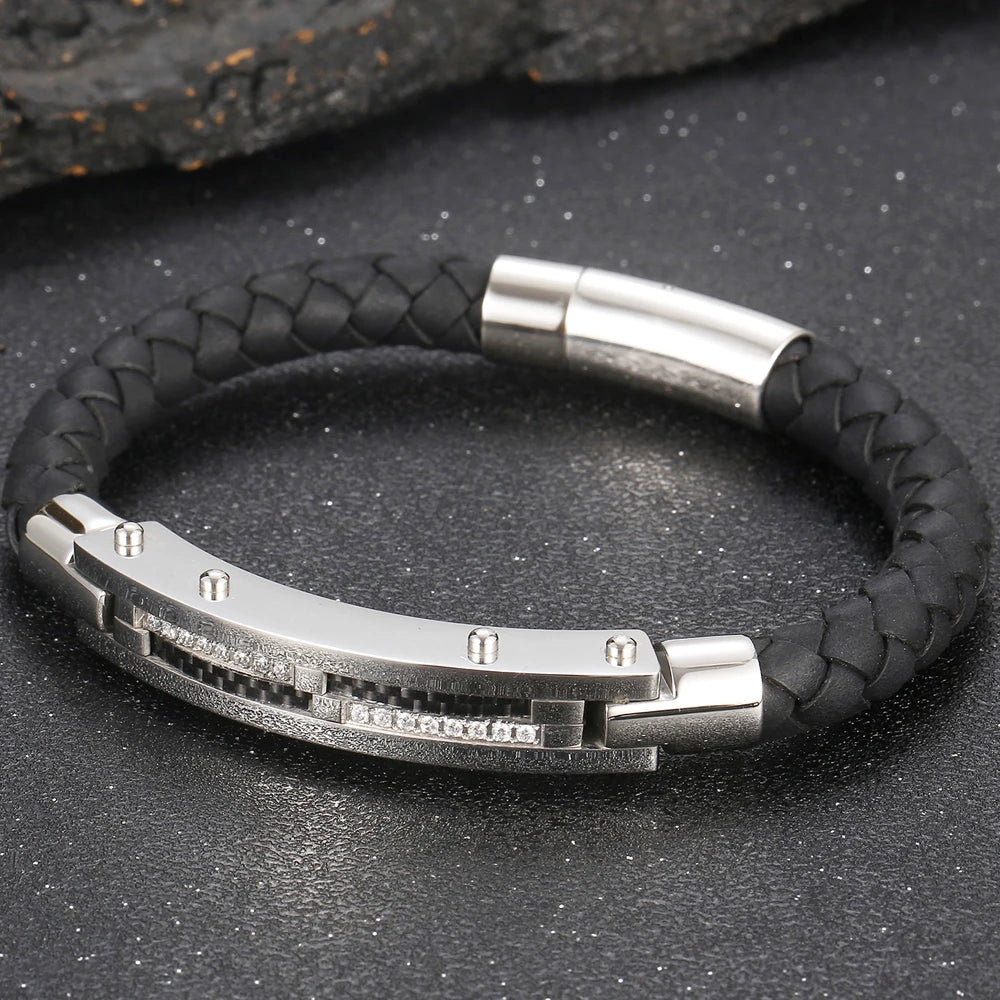 Gold Color Bracelets for Men 8MM Wide Braided Leather Rope Chain Bracelet CZ Stainless Steel Men's Arm Jewelry Birthday