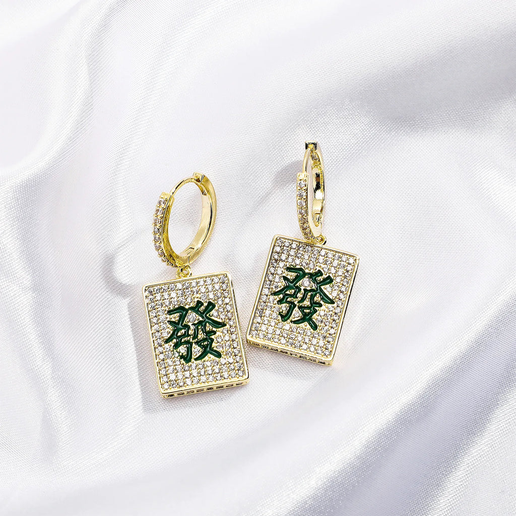 Iced Out Mahjong Dangle Earrings CZ