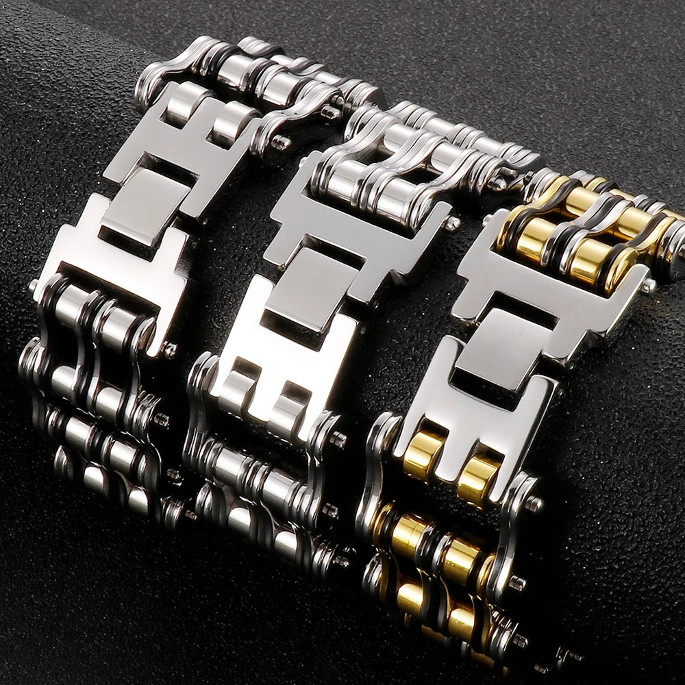 Punk Rocker Bikers' Bracelet for Man 24MM Width Stainless Steel Bicycle Link Chain Men's Bracelets Wristband Jewelry