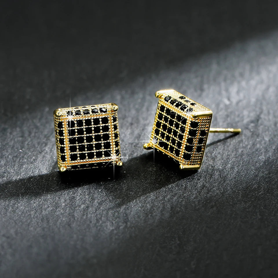TrendMen Hiphop Rock Square Cubic Copper Zirconia Stud Earrings For Men Boy Gold Color Metal Crystal Earring Party Ear