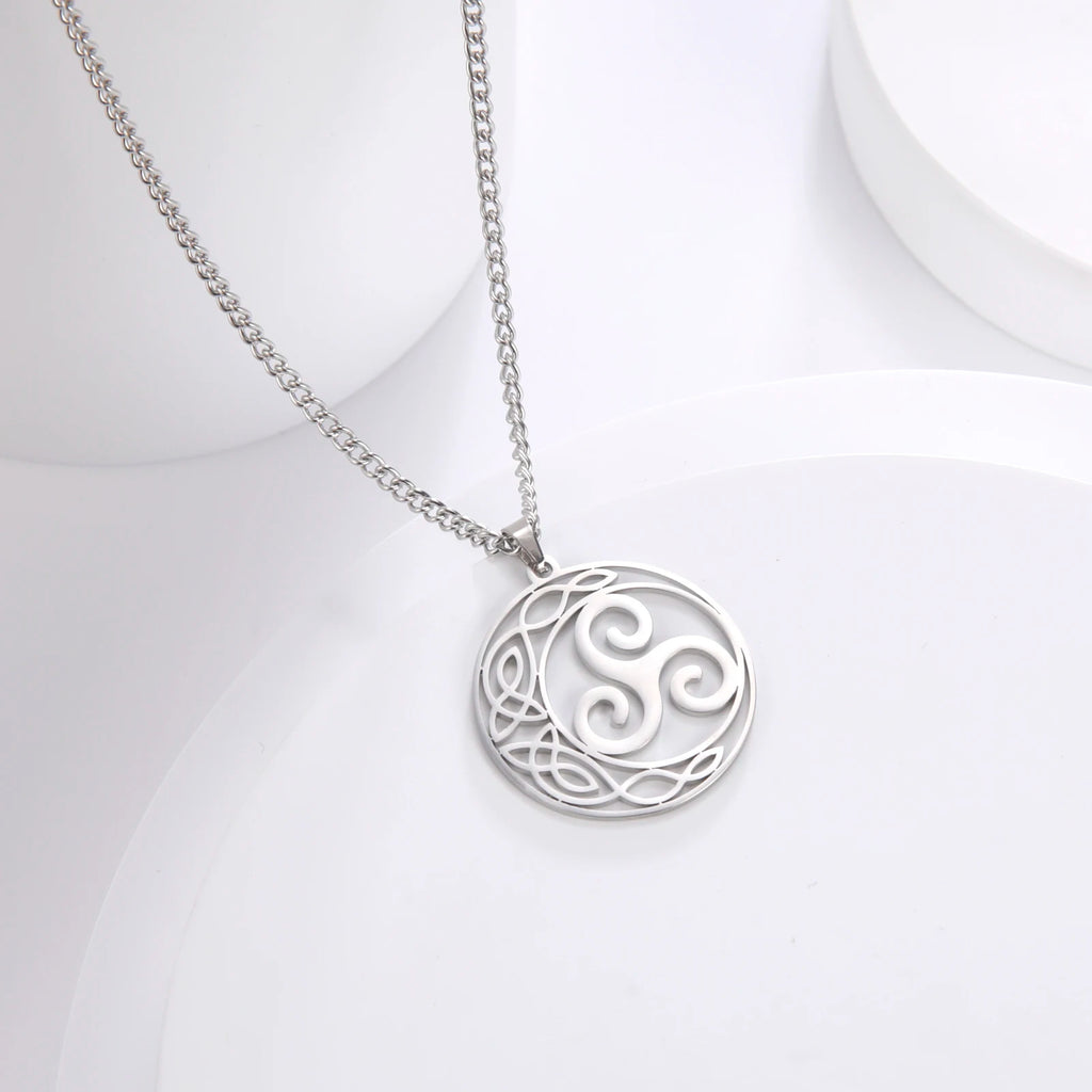 Celtic Triskele Crescent Moon Pendant Necklace — Stainless Steel