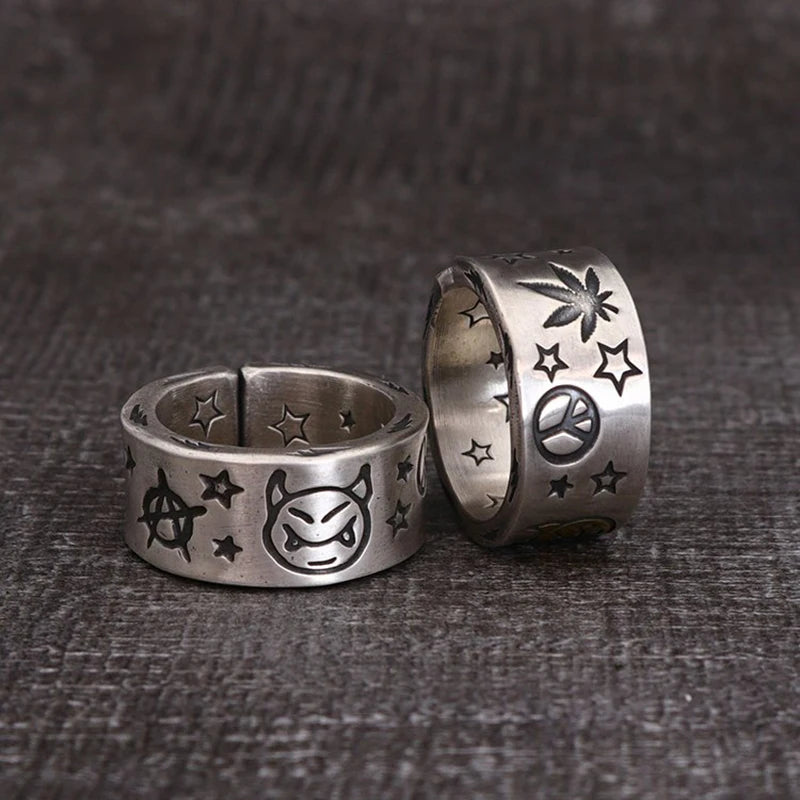 Rings for Men Women Retro Silver Color Jewelry Cute Smile Star Demon Pattern Ring Adjustable Trendy Gifts