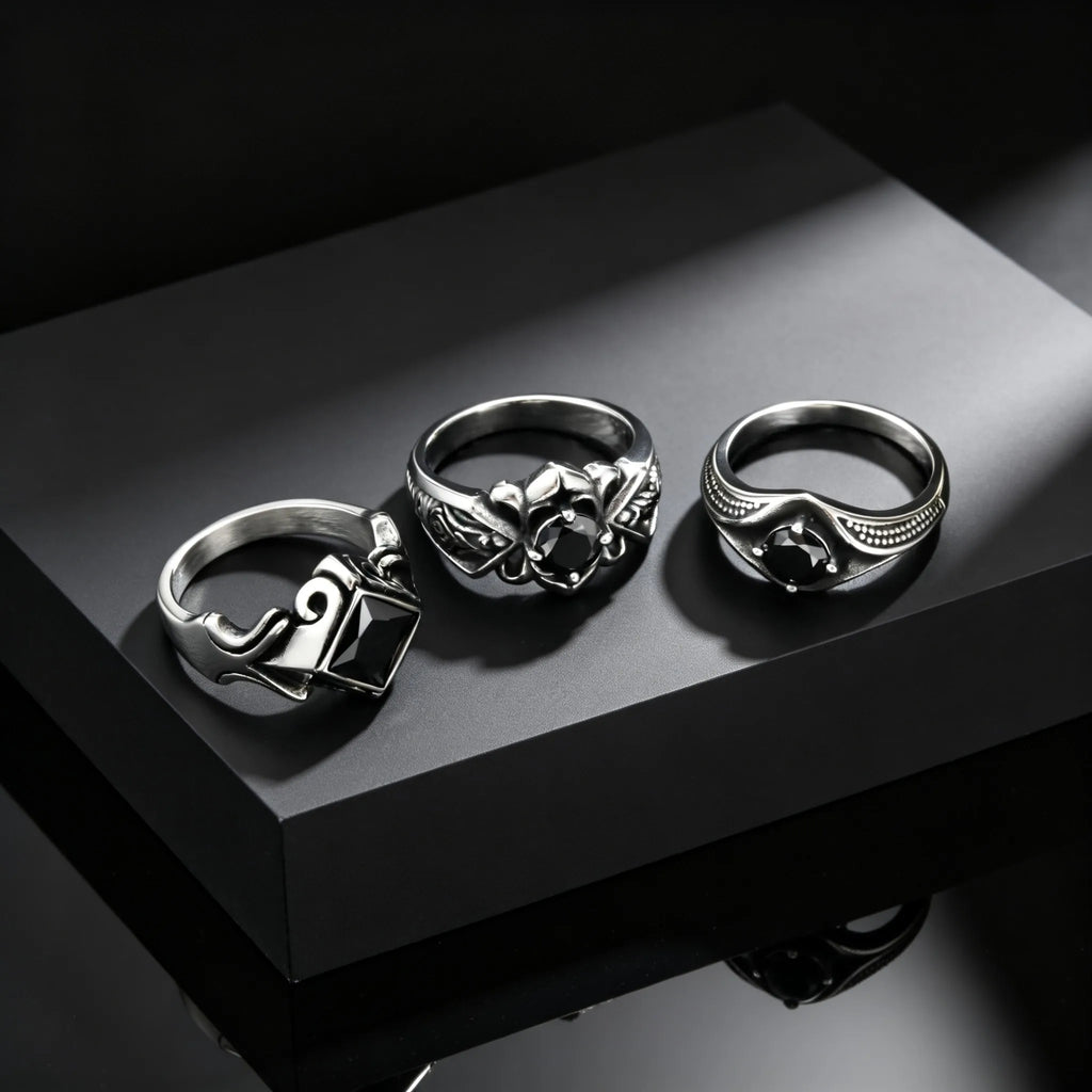 Men's Stylish Square Geometric Black Zircon Ring Stainless Steel Punk Waterproof Finger Jewelry Gift Party Daily Wear Size 7-11
