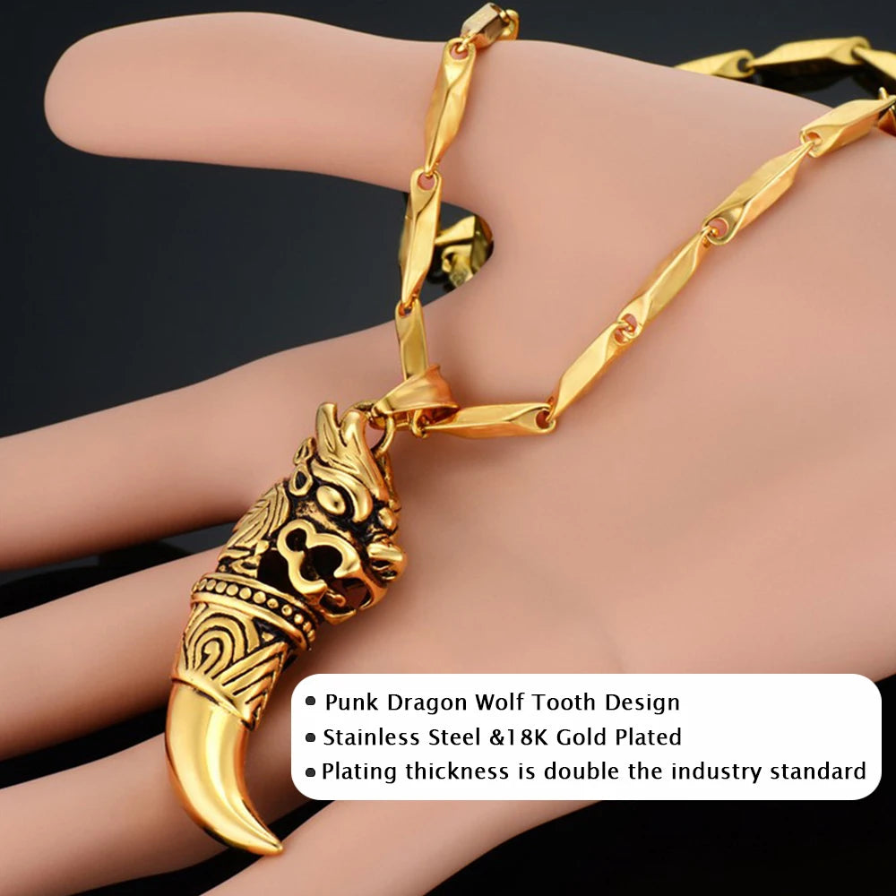 Dragon Wolf Tooth Pendant Necklace — Gold