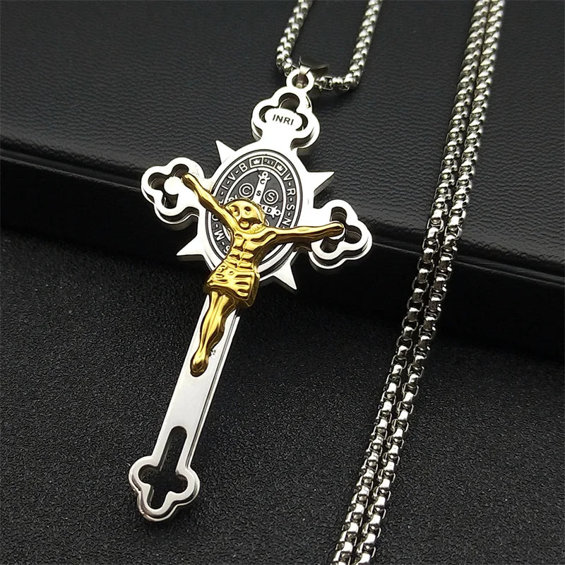 Saint Benedict Crucifix Cross Pendant — INRI Box Chain 60cm
