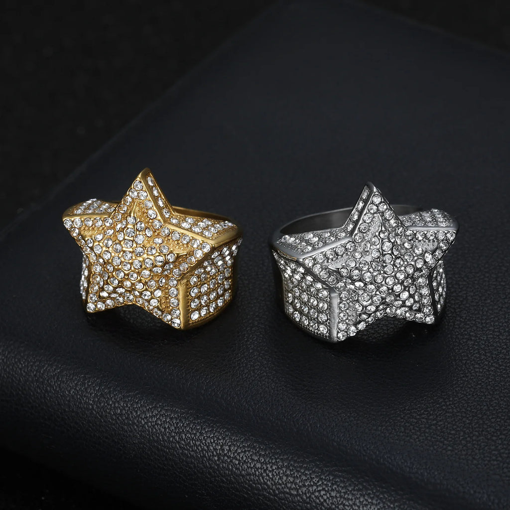 Men's five pointed star Rings Black Punk Crusaders Band Rings rhinestone for Mens Stainless Steel Signet Rings Jewelry