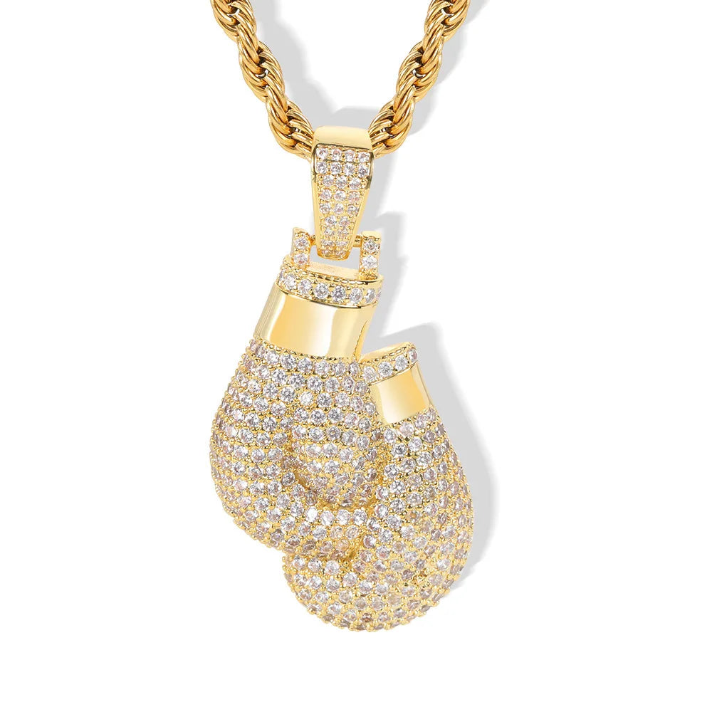 Gold Iced Out Boxing Gloves Pendant Necklace