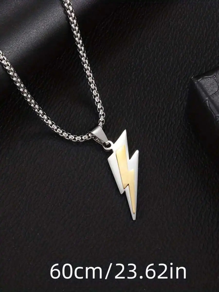 Two Tone Stainless Steel Lightning Bolt Pendant Necklace For Men Hip Hop Rock Streetwear Jewelry