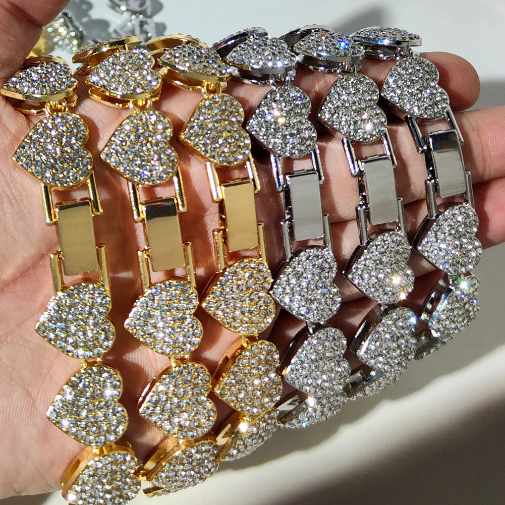 Hip Hop Full Crystal Heart Tennis Chain Bracelets for Men Women Bling Square Rhinestone Cuban Link Chain Bracelet Luxury Jewelry