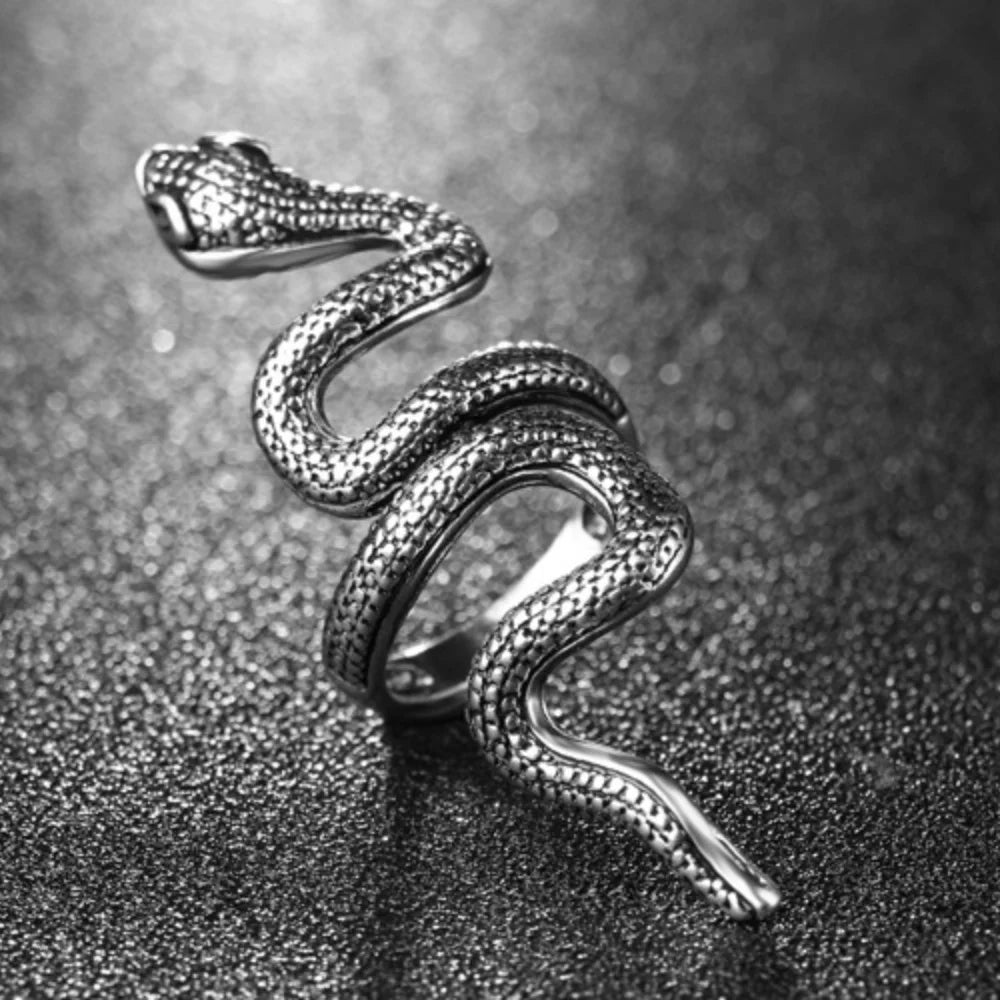 Gothic Snake Adjustable Ring — Silver-Tone Zinc Alloy