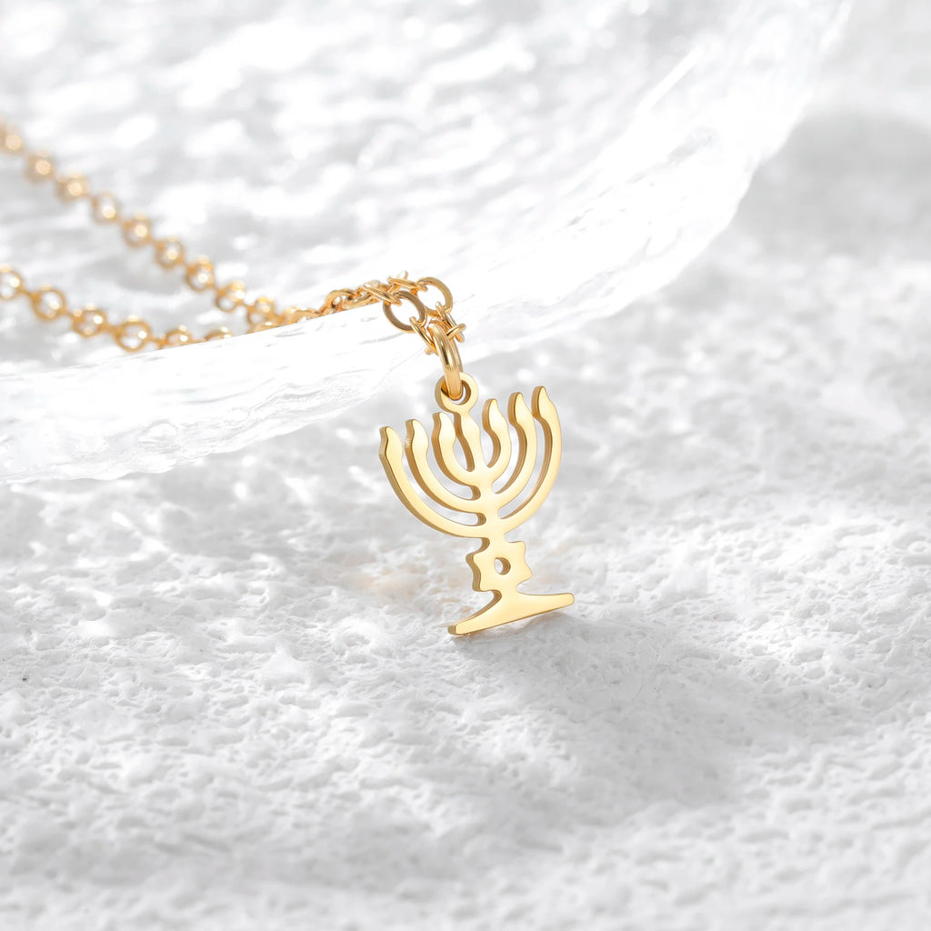 Star of David Menorah Pendant Necklace — Steel