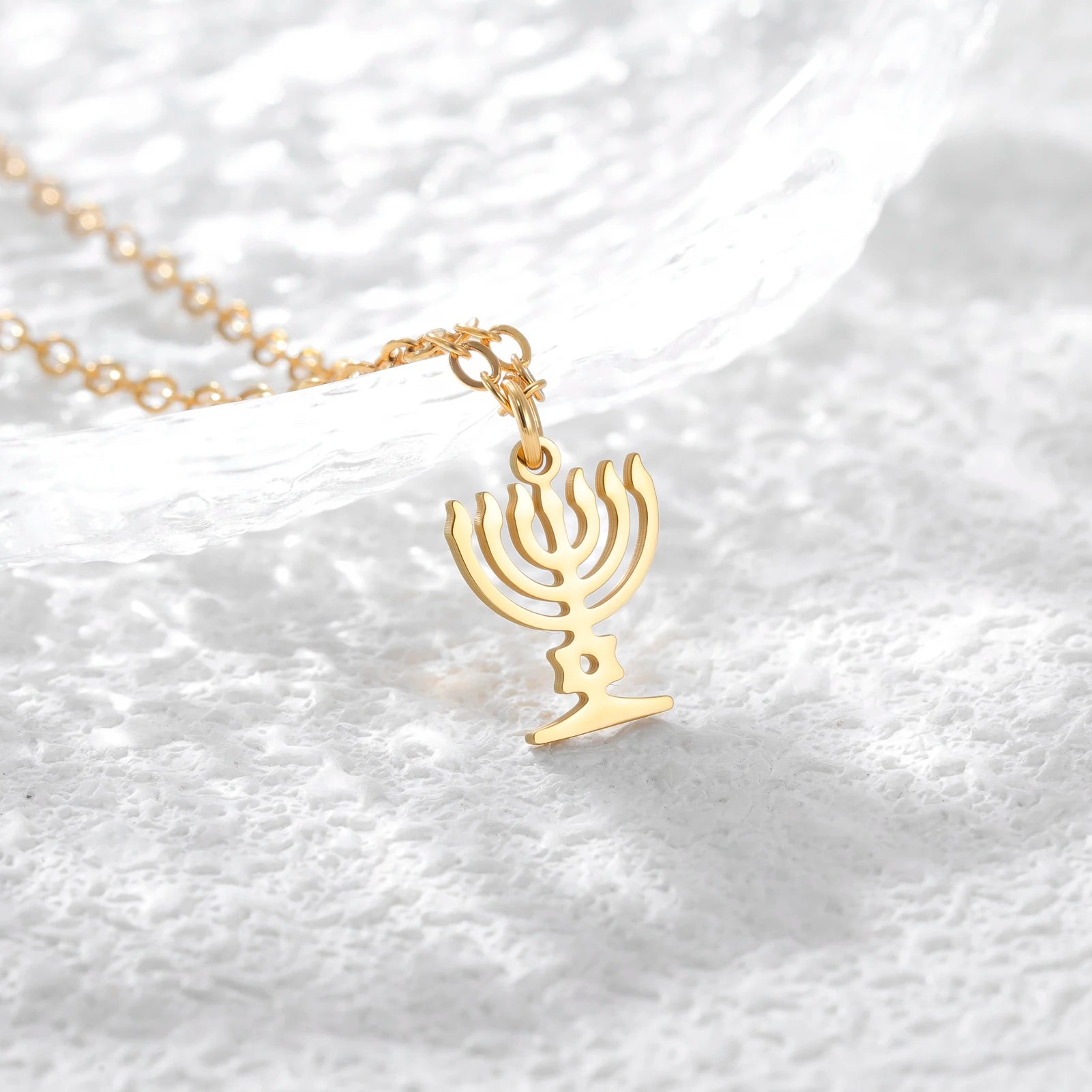 Star of David Menorah Pendant Necklace — Steel