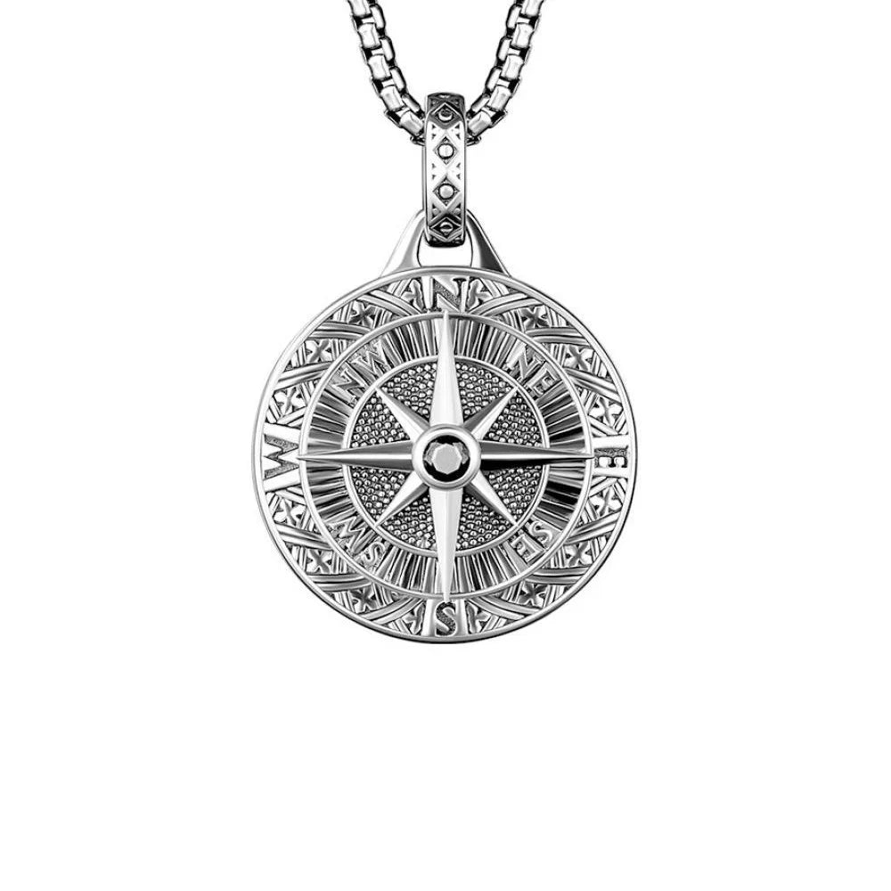 Compass Pendant Necklace Silver Stainless Steel